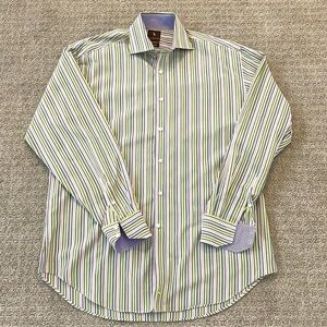 Tailorbyrd Green & Purple Striped Long Sleeve Hutton Down Dress Shirt